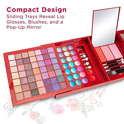 Vokai Makeup Kit Gift Set – 168 Eye Shadow Colors, 6 Lip Glosses - Pop-Up Mirror - Case with Carrying Handle