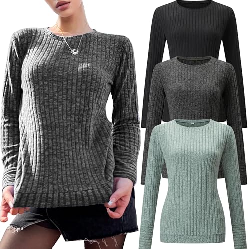 3 Pack Women Knit Sweater Long Sleeve Crew Neck Casual Pullover Tops Spring Fall Clothes Outfit Fashion 2025