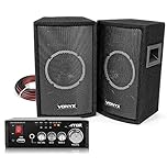VONYX SL6 Passive PA Speakers Pair & AV340 Stereo Amplifier with Bluetooth, Karaoke, Echo, USB MP3 Home Audio Sound System for DJ Party Disco Karaoke