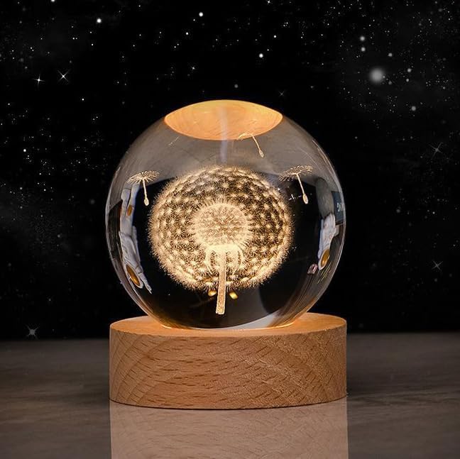 Crystal Ball Night Light Projection Lamp Model,3D Crystal Ball with Led Wooden Base,Gift for Christmas Thanksgiving Birthday, Home Room Decor LED Night - USB Powered with Switch (Dandelion)