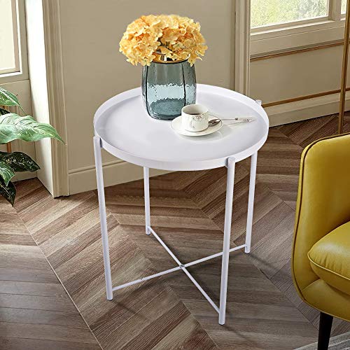 Round Side Table - 20'' Small Reversible Metal Tray End Table, Modern Steel Patio/Garden/Sofa/Coffee/Snack/Bed/Nesting Tables Nightstand for Living Room Bedroom Decor Indoor Outdoor-White