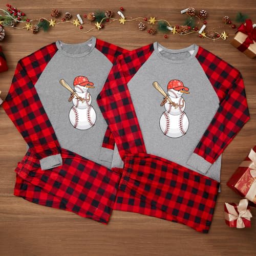 Family Christmas Pajamas, Snowman Baseball Player Xmas Gift Long Sleeve Pajamas, Couples PJs Sets with Plaid Pants3