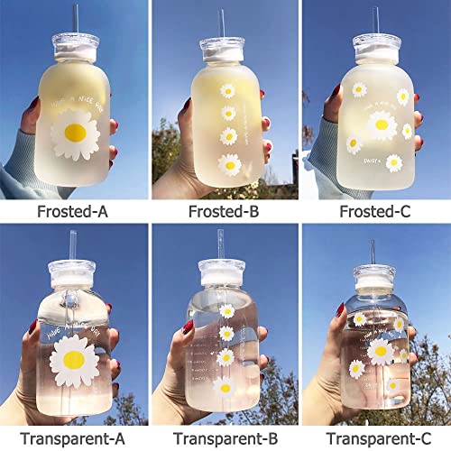 Glazen fles Leuke Melk Sap Cup Bloem Daisy Stro met Schaal Drinkflessen (B, Transparant) - Image 4