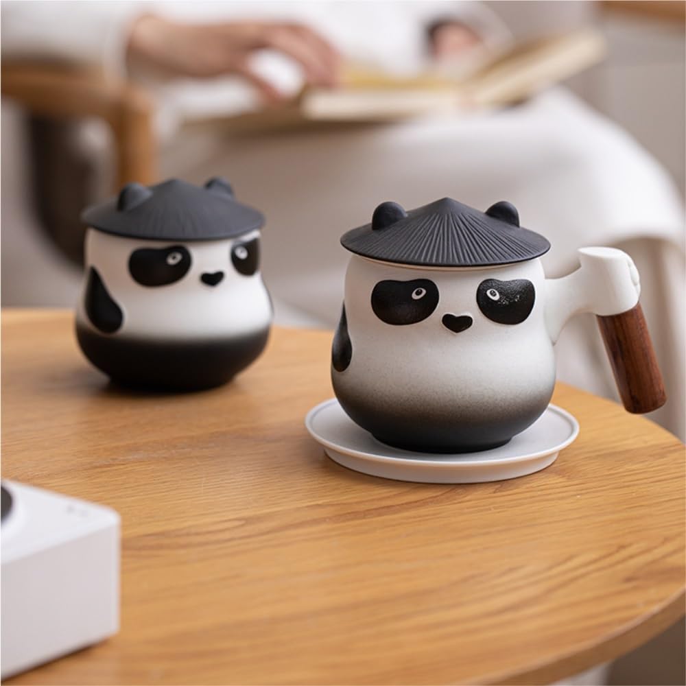 LYGSWDB Teedose, Keramik-Vorratsdose für losen Tee, kreatives Panda-Teeglas, Büro-Teetasse, Kombinationsset, Bürofilter, Teesieb, Tasse, Teedose (E)