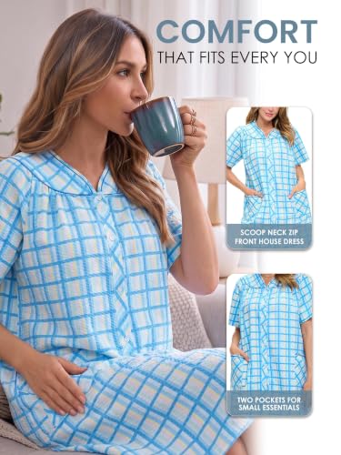 Image of Casual Nights Women's Snap - Front House Dress Short Sleeve Woven Housecoat Duster Lounger Robe with Pockets