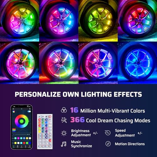 Image of Ehaho 14''-18'' Double Row Adjustable Wheel Lights, Brighter RGB Chasing Rim Lights with App, Music Wheel Ring Light with Turn & Braking Signal Compatible with Various Trucks SUV Car（4PCS）