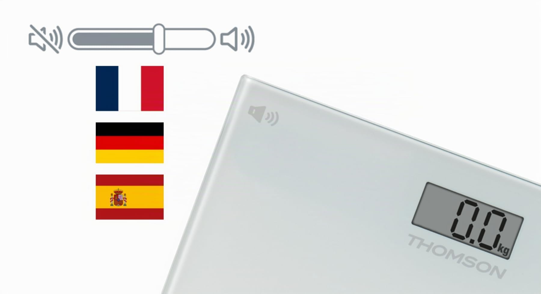 THOMSON Talk MASS 4 - Pèse-Personne avec Fonction Vocale Français, Allemand, Espagnol - Grand Écran LCD Rétroéclairé - Volume Réglable - Plateau Verre Trempé - Design Ultra Fin - Max 150 kg - Blanc