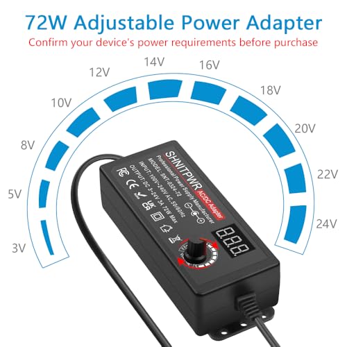SHNITPWR 3V ~ 24V 3A 72W Power Supply Adjustable DC 3V 5V 6V 9V 12V 15V 16V 18V 19V 20V 24V Variable Universal AC/DC Adapter 100V-240V AC to DC Converter with 14 Tips 5.5x2.5mm 4.0x1.7mm 3.5x1.35mm - Image 3