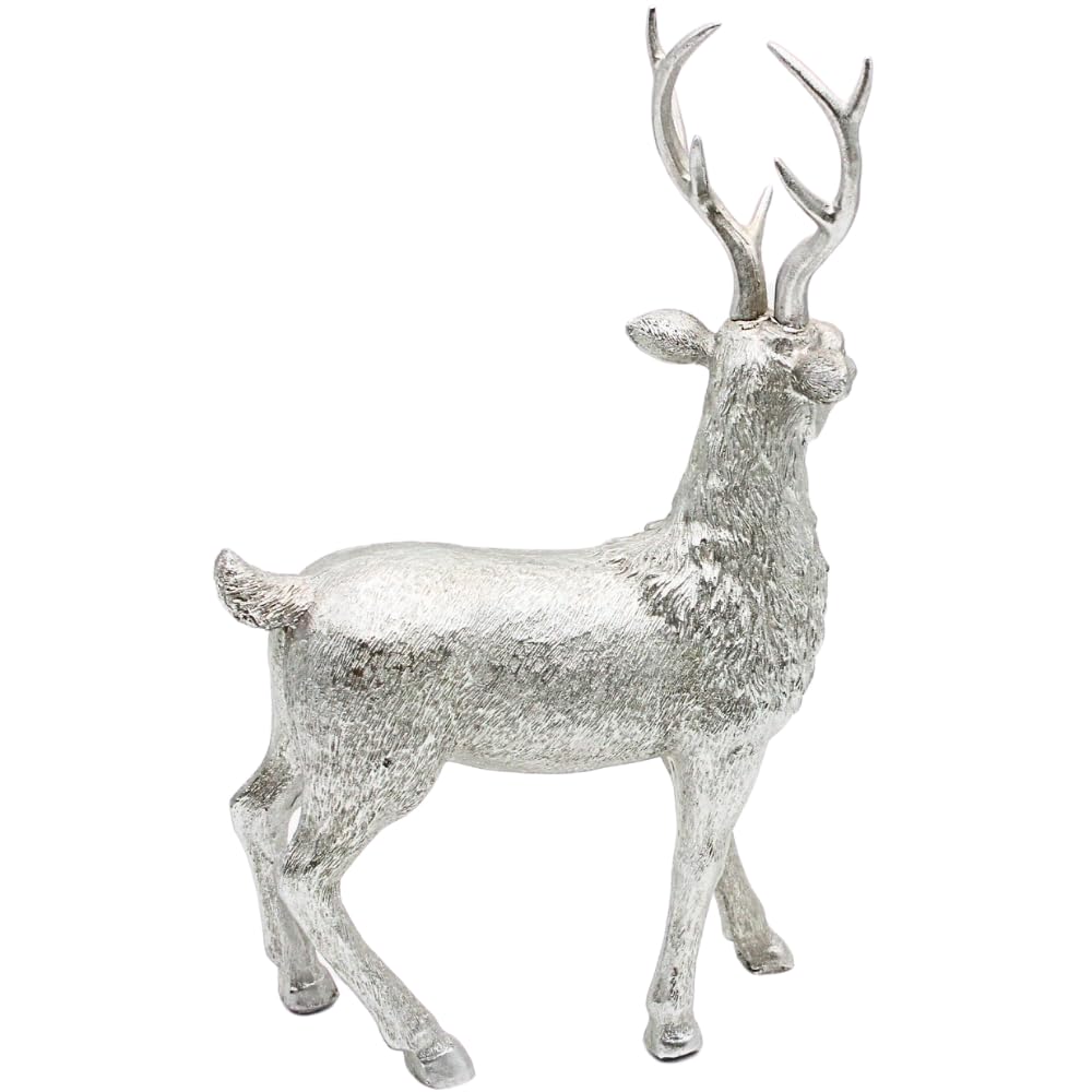 Dekohelden24 Keramik Dekofigur, Moderne Deko-Statue, Landhaus-Skulptur als Hirsch in Silber - Glitzer, stehend, L/B/H: 24 x 10 x 36cm