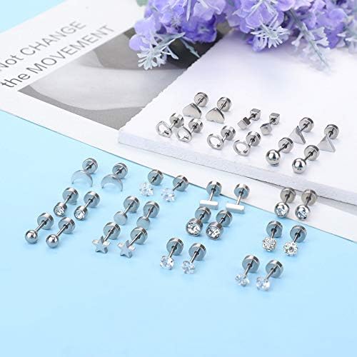 Milacolato 18Pairs Stainless Steel Stud Earrings for Women Small Stud Earring Set Multiple Geometric Tiny Ball Star Heart Pearl Piercing Ear Studs Cubic Zirconia Earrings for Girls
