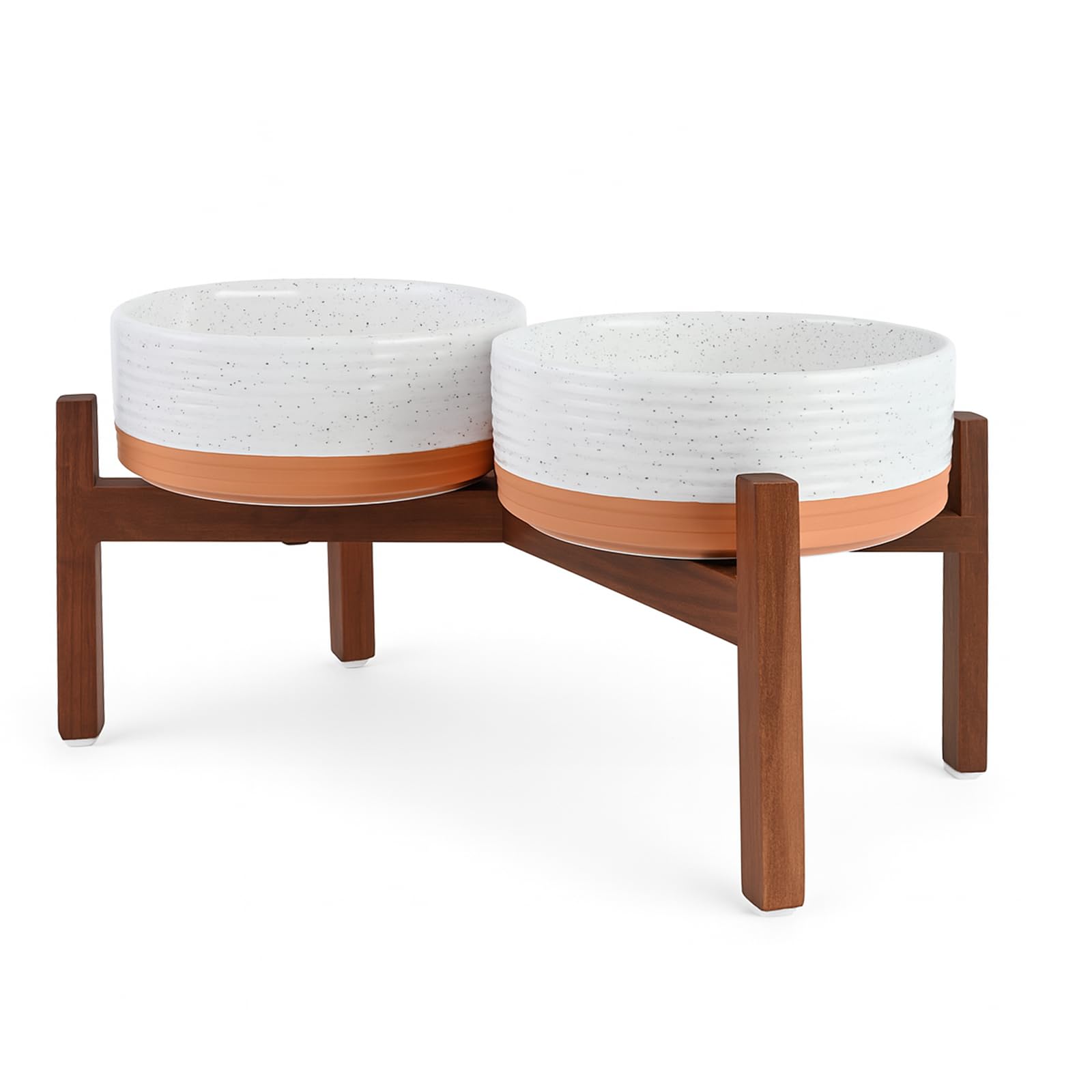 SPUNKYJUNKY Ceramic Dog Bowl Raised Feeding Bowl with Acacia Wood Stand for Medium Dogs (1250 ml, White and Reddish Brown)