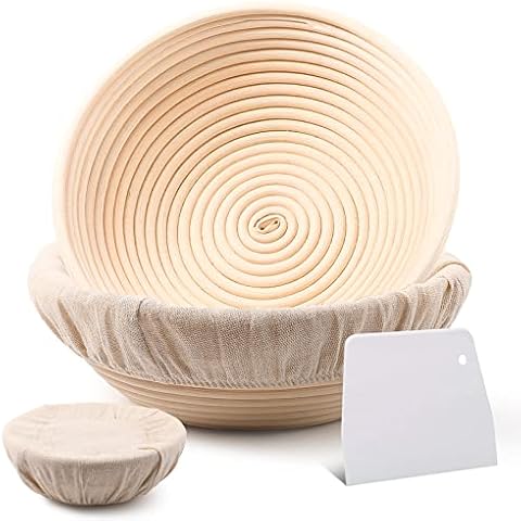 Purbambo 10 inch Bread Proofing Basket, 2 Pack Round Sourdough Banneton Proofing Baskets with Liner & Dough Scraper/Cutter, 100% Handmade Rattan Bread Proofing Baskets Cover