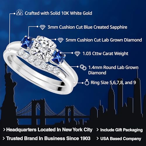 Gem Stone King 10K White Gold Lab Grown Diamond and Blue Created Sapphire 3-Stone Bridal Engagement Wedding Ring Set For Women | 1.03 Cttw | 5MM and 3MM Cushion Cut | Size 5,6,7,8,92
