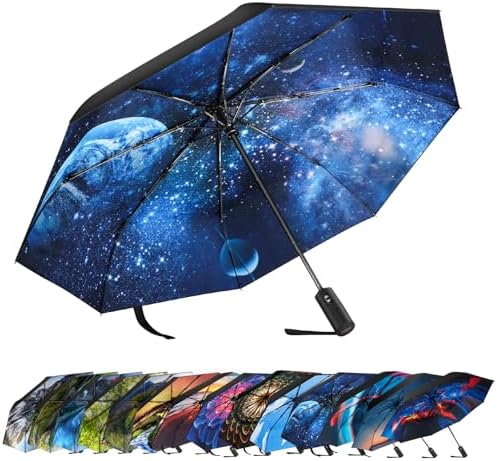 ZUOYOUZ Compact Umbrella,Automatic,Strong,Windproof,Folding,Lightweight,Printed Pattern Backpack Folding Travel Umbrella for Rain-Men&Women,One Button Auto Open and Close