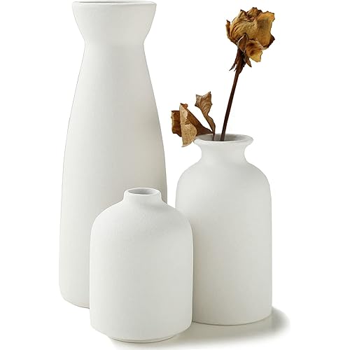 KIOXOHO White Ceramic vase Set-3 Small Flower vases for Decor,Modern Rustic Farmhouse Home Decor,Decorative vase for Pampas Grass&Dried Flowers,idea Shelf,Table,Mantel,entryway,Bookshelf Decor