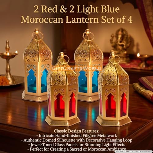 Image of Decorative Diwali Hanging Lantern Tealight Candle Holder Lights for Home Balcony Decoration, Metal Vintage Style Lamp Festive Accent Piece Indoor Outdoor (Red - Light Blue, Set of 4)