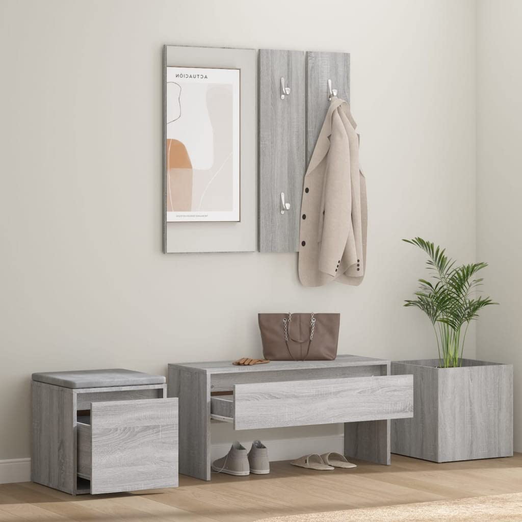 Juego de perchero gris Sonoma de madera 80 x 30,5 x 40 cm con espejo, caja de almacenamiento y jardinera, diseño moderno y robustez para pasillo, salón y dormitorio