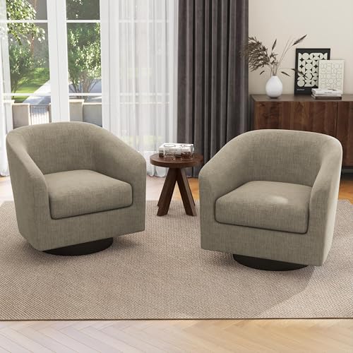 Lumibee Swivel Barrel Chairs Set of 2, Upholstered Comfy Swivel Round Accent Chair, 360° Rotation Single Sofa Club Armchair for Living Room, Reading Room, Bedroom, Light Brown