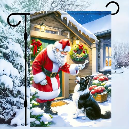 Image of BlissYard Christmas Santa and Dog Garden Flag 12x18 Inch Polyester