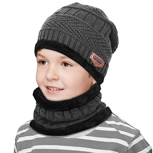 Niños Gorro Invierno con Bufanda tubular? Calentar Sombreros Forro de Lana?Gorras Beanie de Punto para Niños de 6-14 Años