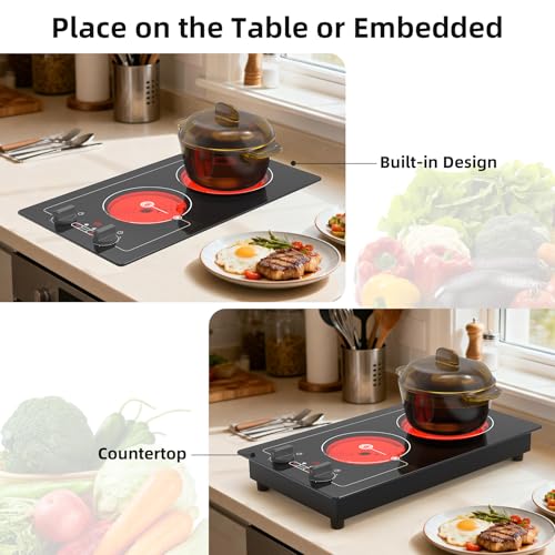 Image of VBGK electric hob,Built-in Design and Countertop Stove Top with Knob Control&Touch Control,9 Power Level, Timer & Kid Safety Lock,220V 2100W 2 burner electric hob