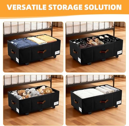 Image of Under Bed Storage with Wheels,Underbed Storage with Sturdy Sidewalls /Bottom, Clear Cover, Label and PU Handle, Rolling Under Bed Drawers for Clothes, Shoes, 11 Inch Height,Black, 4 Pack