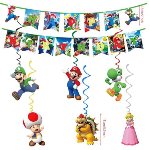 For Mario Happy Birthday Banner Party Decoration With 6 Vortex Decorative Pendants