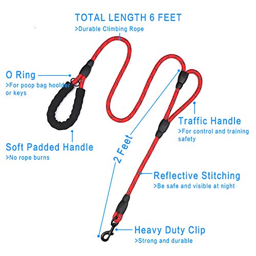 Image of Plutue Pet Rope Dog Leash 6ft Long,Traffic Padded Two Handle,Heavy Duty,Reflective Double Handles Lead for Control Safety Training,Leashes for Large Dogs or Medium Dogs,Dual Handles Leads(Red)