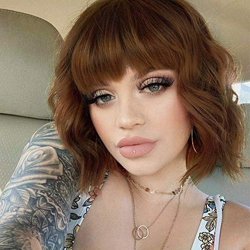 Qangelabeauty 14" Short Bob Natural Brown Wigs For Women, Wavy Bob Wig With Bangs Women'S Highlighted Wig Synthetic Heat Resistant Fiber Hair For Daily Wear Cosplay