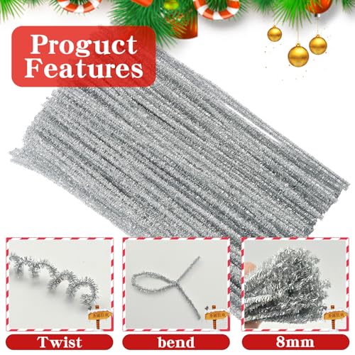 Image of 200Pcs Glitter Silver Pipe Cleaners Craft,Sparkly Pipe Cleaners,Art Aupplies Toys for Kids,DIY Craft Supplies for Halloween /Christmas Home Decor,Fidget Toys for Kids,Christmas Crafts for Girls 8-12
