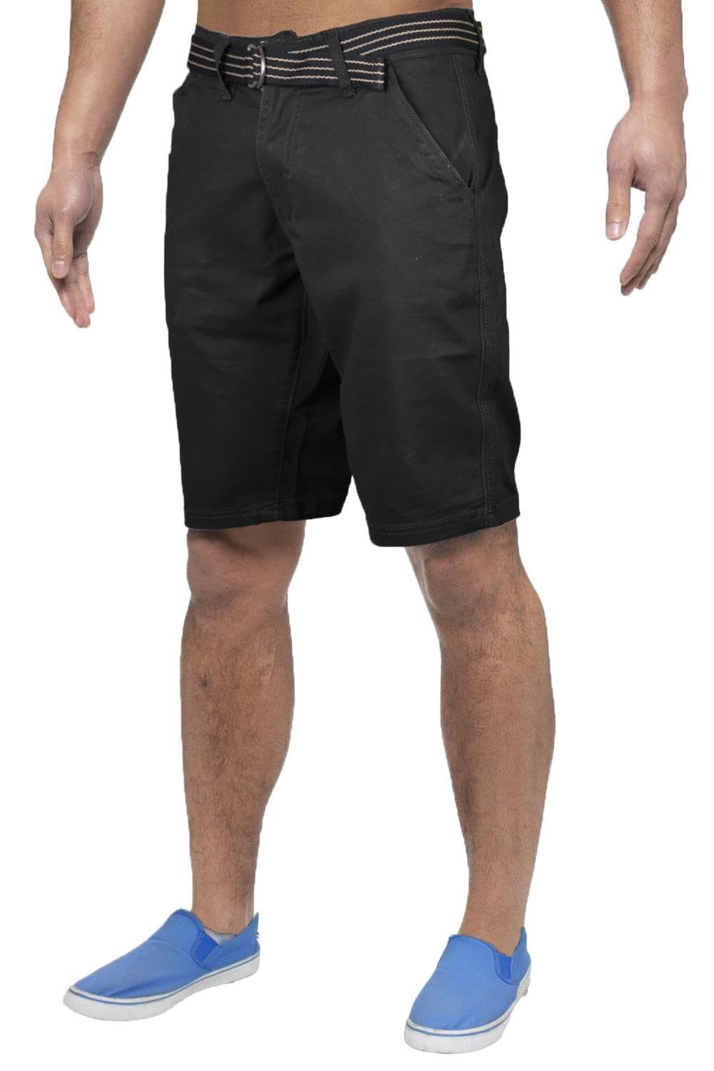 True Face Men's Black Shorts Stretchable Chino Cotton Slim Fit Shorts Zip Fly Summer Half Pants With Belt Casual Knee Length Bottoms With Pockets 34