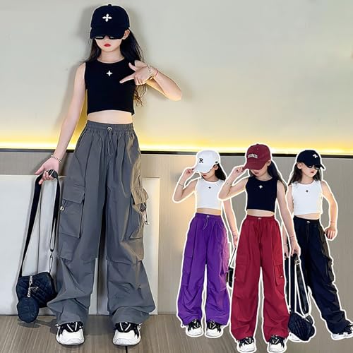 Kids Y2𝐤 Style Fashion Cargo Pants with Multi Big Pockets Kids Wide Leg High Waist Baggy Causal Sweatpants4