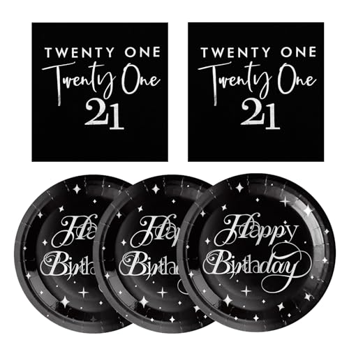 IETOSY 21st Birthday Party Plates and Napkins 21 Years Decorations Black Silver Disposable Tableware Plates and Napkins Set for Her Him 21st Birthday Serves 20