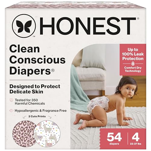 Image of The Honest Company Comfort Dry Disposable Diapers for Sensitive Skin, Hypoallergenic, Fragrance-Free, Wild Thang + All The Alpacas, Club Box, Size 4 (22-37 lbs), 54 Count