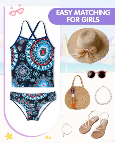 Image of Century Star Girls Swimsuit Two Piece Tankini Swimwear with Boyshort Bathing Suit for Kids Toddler Beach Swimsuits Blue Round Flower 14