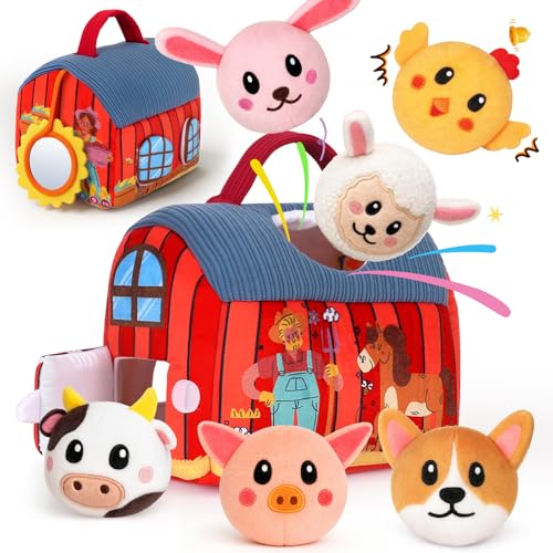 JOYSINTOY Baby Toys 6-12 Months - Soft Barn with Stuffed Farm Animals Toy, Montessori Toys for 6 Months Infant Boys Girls Sensory Gifts with Rattle, Crinkle Paper, Mirror Christmas Stocking Stuffers