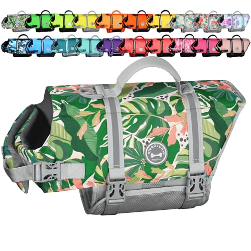 VIVAGLORY Rip Stop Dog Life Vest, Swimming Vest with Handle, Buoyancy for Doggy Puppy, Dog Life Jacket for Swimming & Boating, S, Floral