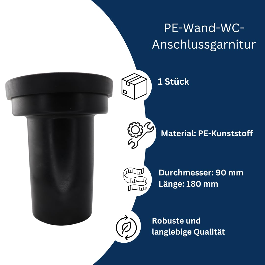 PE-Wand-WC-Anschlussgarnitur, gerade Ausführung, schwarz, mit ABU RAT Blocker – vormontiert & geprüft (DN 90mm)