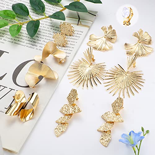 Gold Clip On Earrings for Women Trendy Non Piercing Dangle Earrings Exaggerated Heart Flower Leaf Statement Earrings 14K Gold Plated Large Earrings for Non-Pierced Ears Fake Earrings Set2