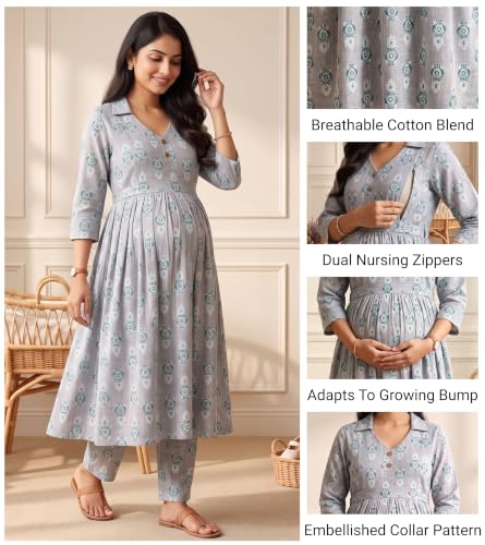 Image of DUMMY SHAPE Maternity Dresses for Women Cotton | Floral Kurta Pant Dupatta Set with Nursing Zippers, Side Pocket | Pre & Post Pregnancy | Feeding Kurti Suit | Baby Shower | Gifts for Pregnant Woman