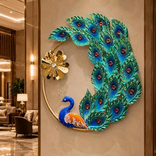 Image of SHREE 'O' GREEN TECH - Modern Round Peacock Metal Wall Art Handmade Decorative Iron Leaf Wall Hanging for Living Room Bedroom Entryway Dining Room Office Hotel Decoration