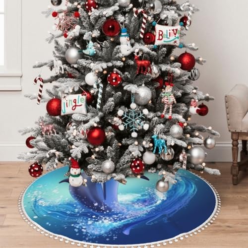 Jupe de sapin de Noël rustique motif dauphin avec bordure à pompons 122cm