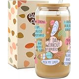 Birthday Gifts for Women Friendship, Christmas Inspirational Gifts for Friends, 16 Oz Drinking Glass Cups Tumbler W Lids Straws - Positive Daily Workout Affirmations Iced Coffee Cups, Christmas Gift