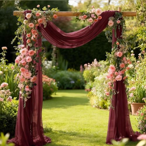 Image of Wedding Glitter Arch Draping Fabric Burgundy Red 1 Panel 29 inch x 6.5 Yards Sheer Backdrop Curtain Drapery for Wedding Anniversary Ceremony Birthday Party Indoor Ceiling Decor