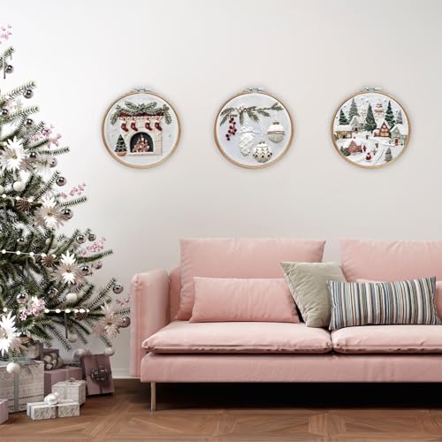Image of LB Christmas Embroidery Kit for Beginners Adults, 3 Sets Hand Embroidery Starter Kit with Christmas Village and Instructions Stamped Cross Stitch Kits Include Embroidery Hoop Needles Threads Scissors