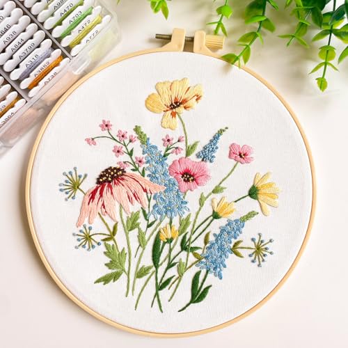 Image of Silentsea 3 Embroidery Kits-Beginner Collection, Includes All Needed 3 Plastic Hoops, 3 Embroidery Fabrics with Patterns, Threads, Needles, and More.