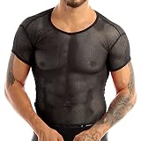 FEESHOW Herren Kurzarm Netzhemd V-Ausschnitt T-Shirt transparentes Oberteil Unterwäsche Clubwear Schwarz M