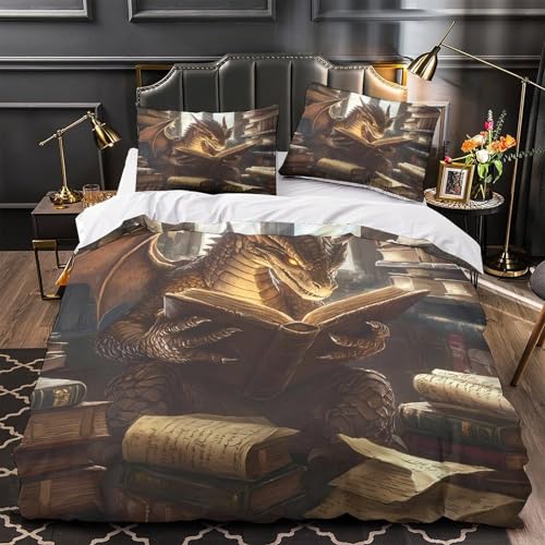 Libro di lettura del drago Impressione 3D 3 pz cover piumone Arte fantasy del drago fantasy coperteletto microfibra ipoallergenica zip per bambini adolescenti ragazze Single（140x200cm）