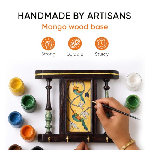 Image of AAKRITI ART CREATIONS Key Holder, Feathered Friends Key Holder | Rustic Wooden Wall Organizer with 4 Hooks | New Home Gifts | Multifunctional Entryway Decor Item