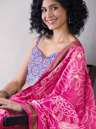 Image of SAREE MALL Women's Cotton Bandhani Printed Ready To Wear one Minute Saree With Unstitched Blouse